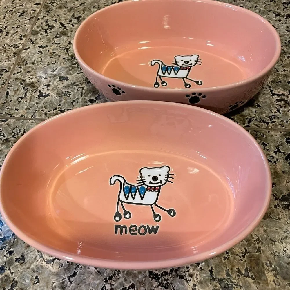 Pet Rageous Adorable Peach Ceramic Cat Bowls set of 2